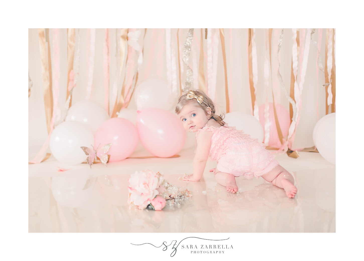 pink and gold first birthday milestone portraits in Rhode Island photography studio