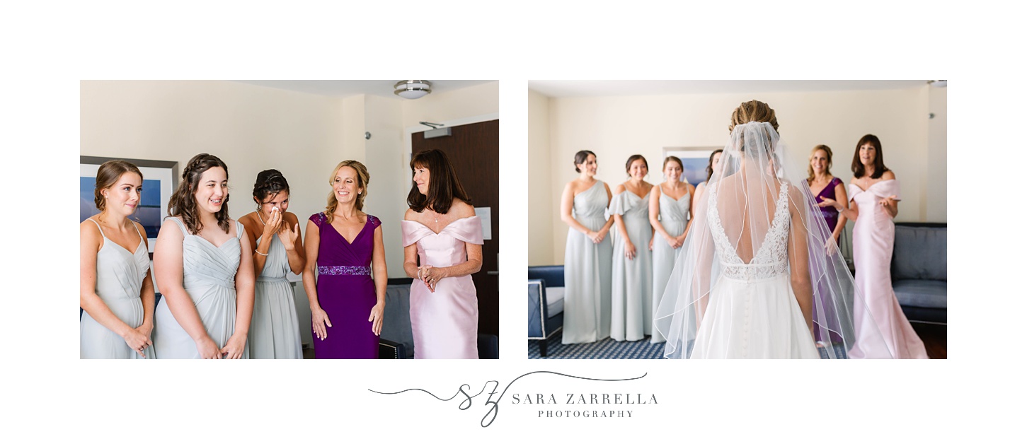 first look with bridesmaids and bride at Blithewold Mansion wedding