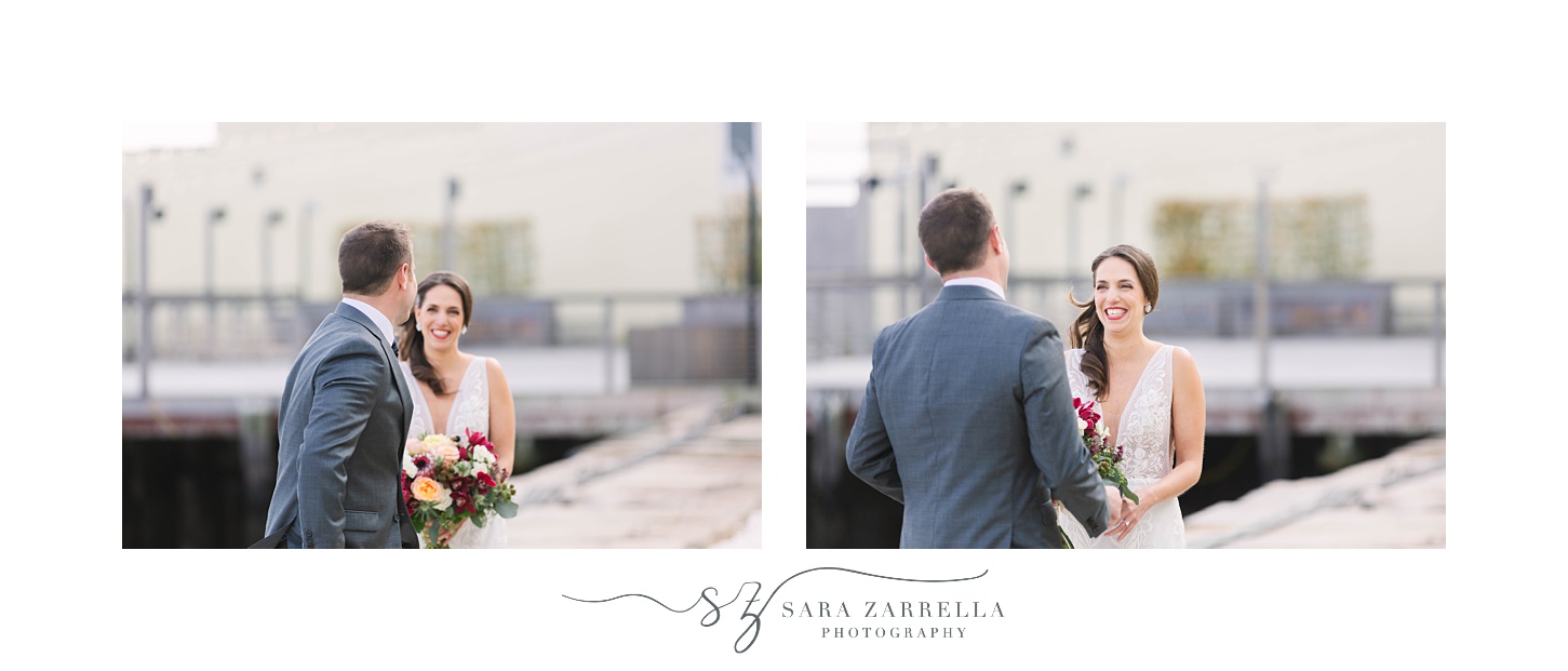 emotional first look during winter wedding in Rhode Island photographed by Sara Zarrella Photography