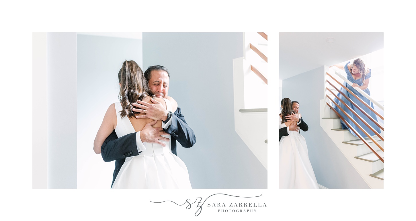 bride and dad hug during first look while mom watches