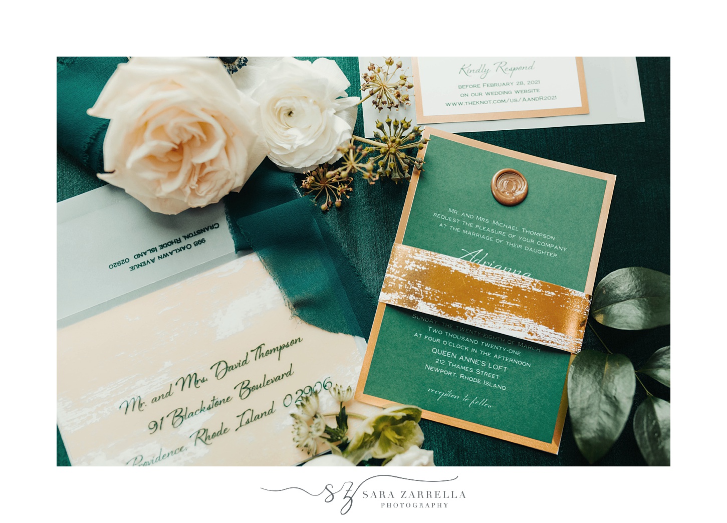 emerald and gold invitation suite for Rhode Island winter wedding photographed by Sara Zarrella Photography