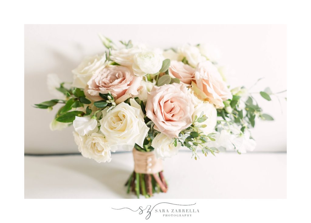 bride's white and pink bouquet for Intimate winter Hope Club Wedding