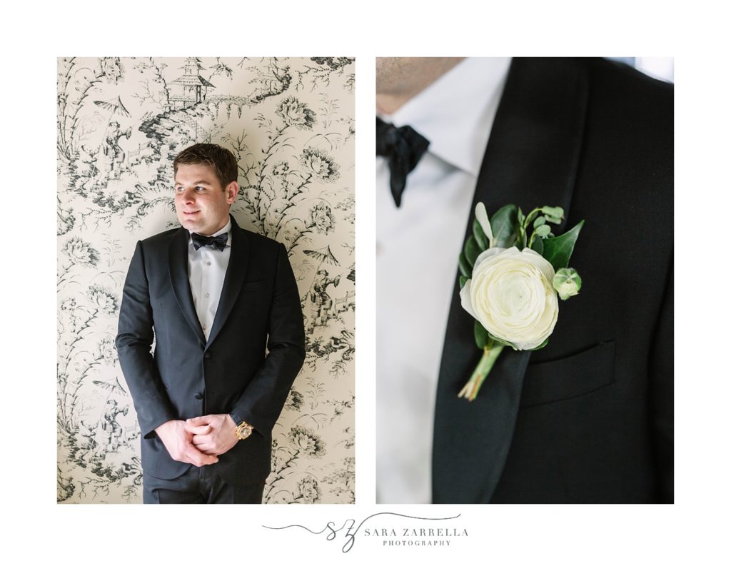 groom poses in Armani tux