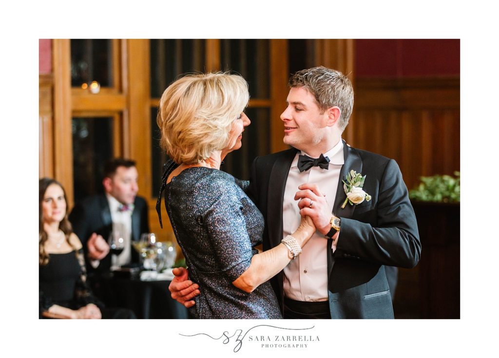 groom and mother dance during RI wedding reception
