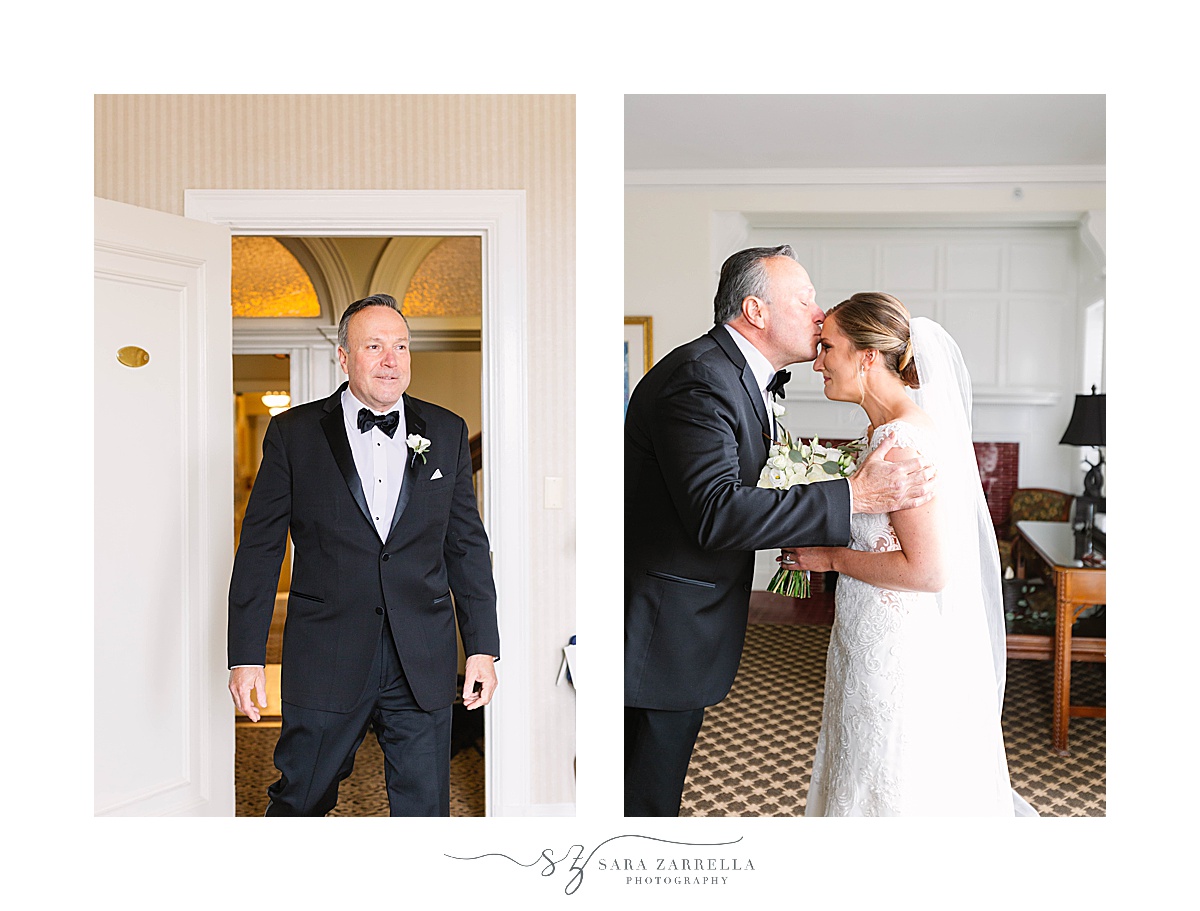 bride and dad have first look before RI wedding