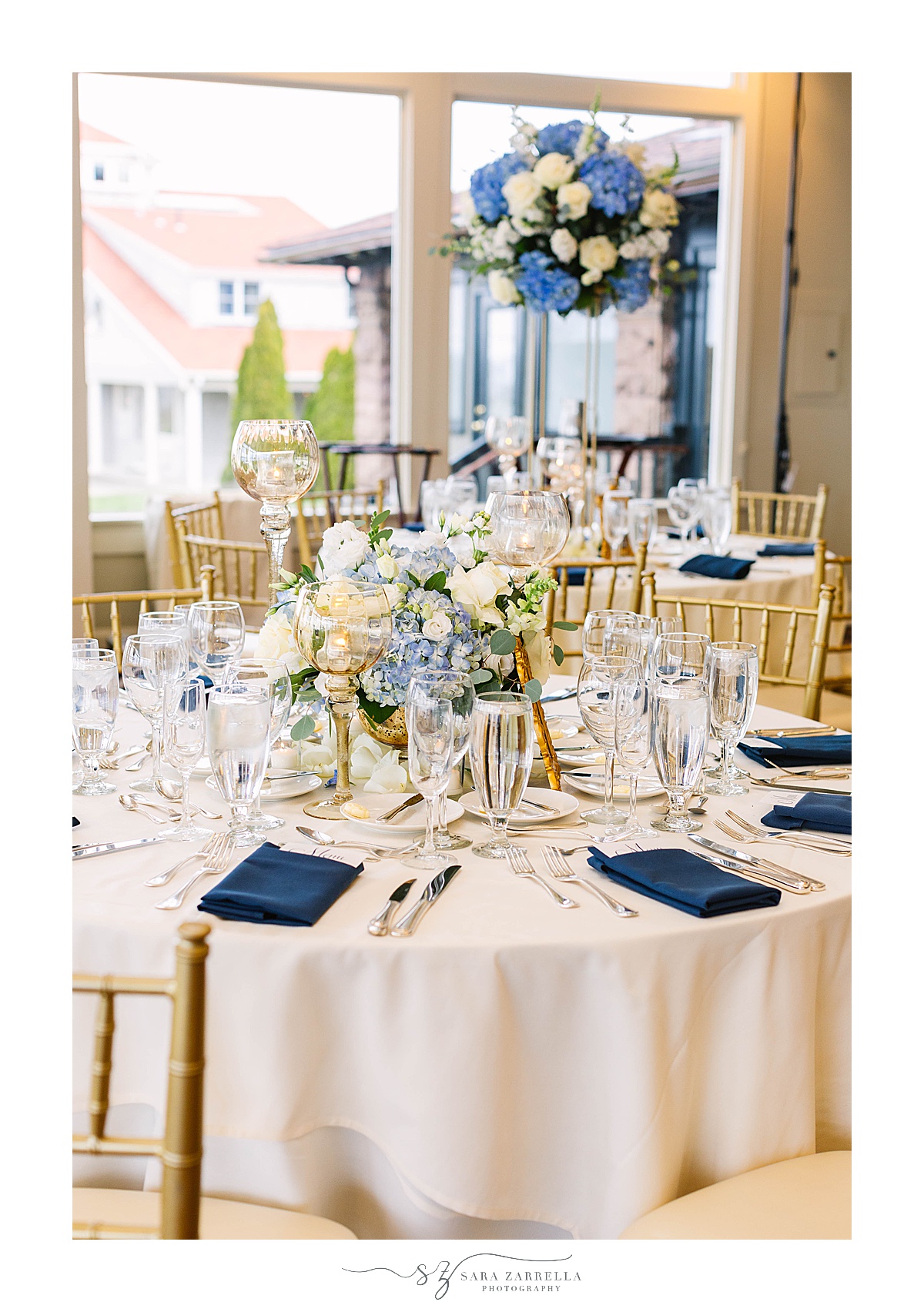 navy and gold wedding reception inspiration in Rhode Island 