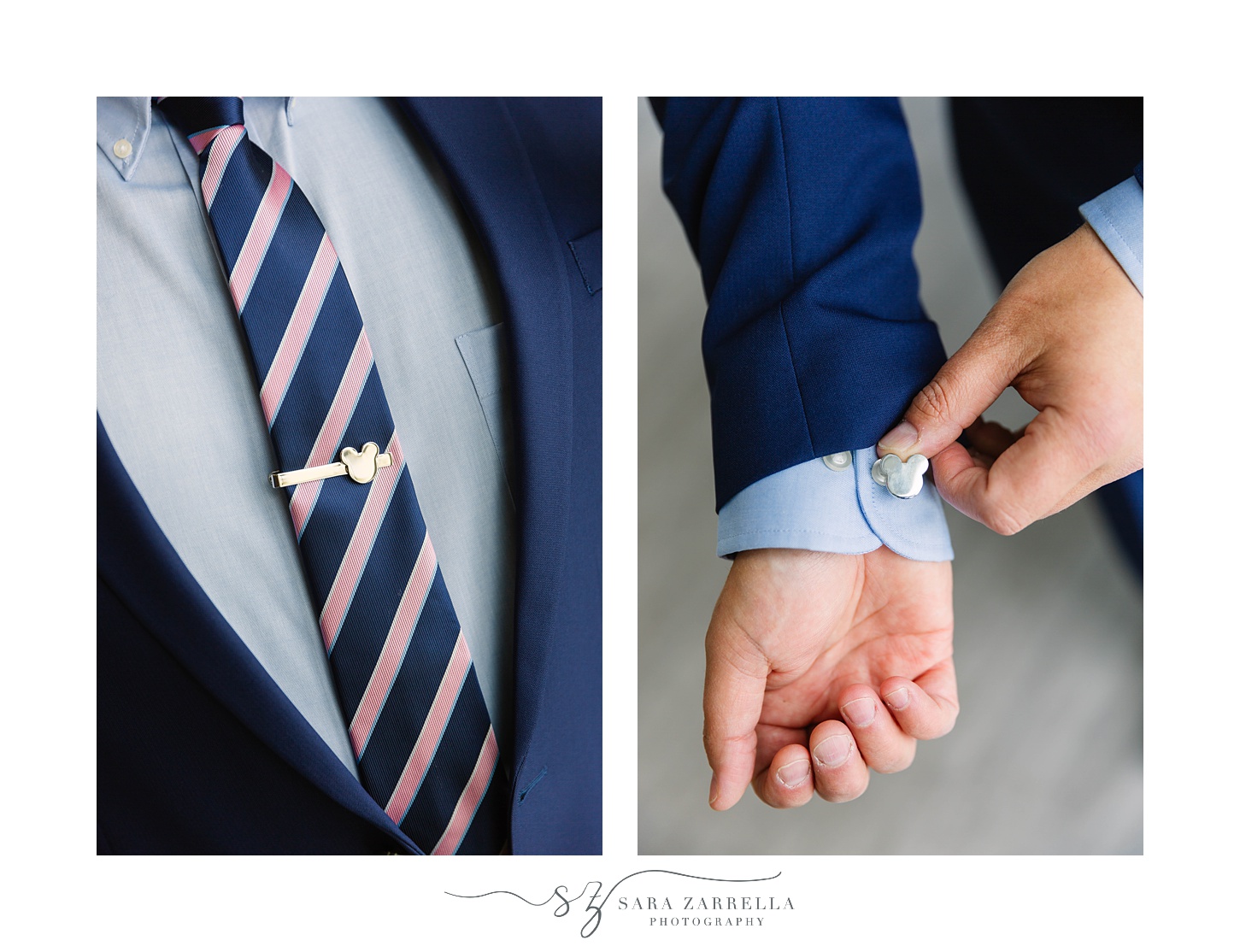 groom's custom Disney cufflinks and tie clip