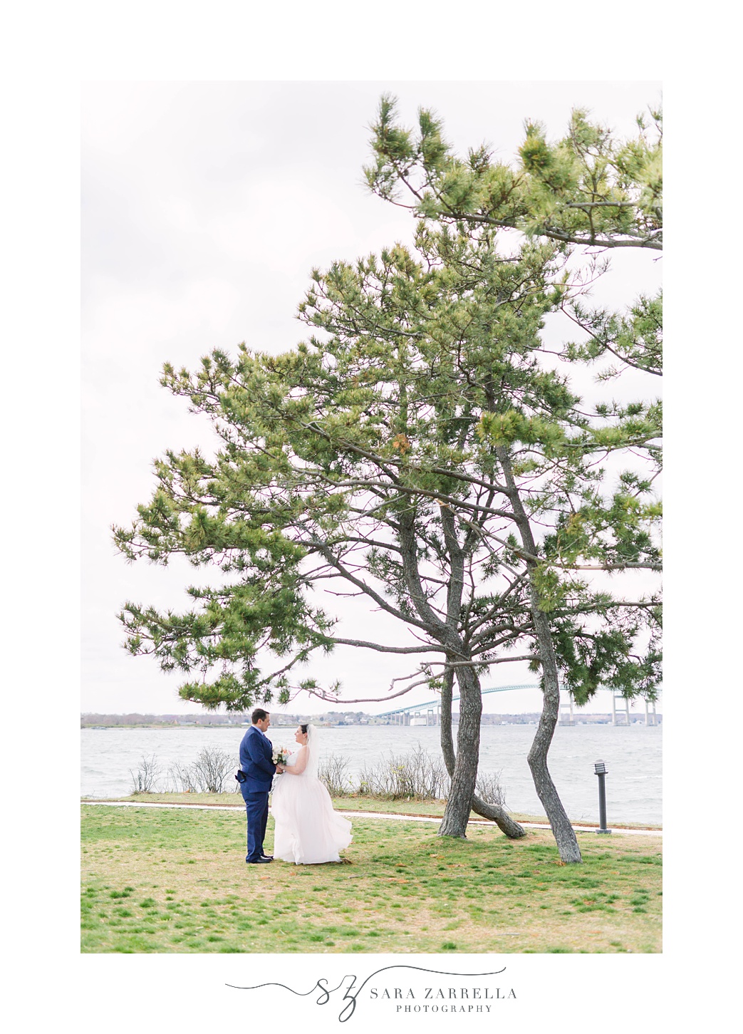 couple poses by tree during RI wedding photos