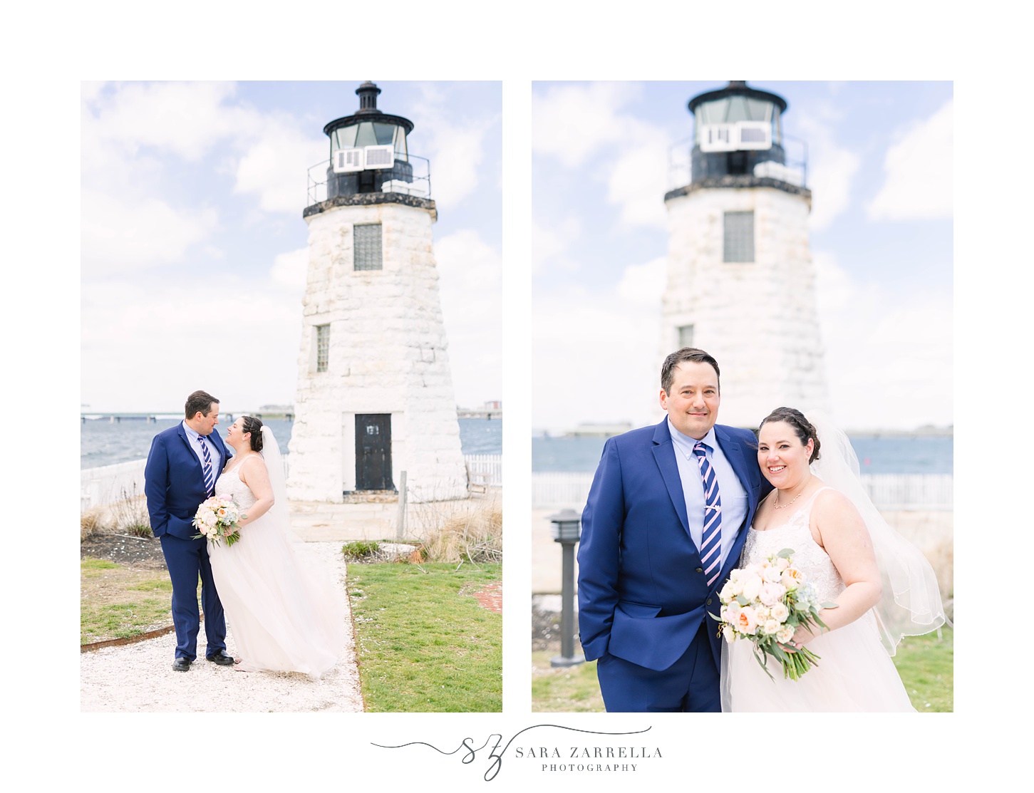 bride and groom kiss by white lighthouse in Newport RI