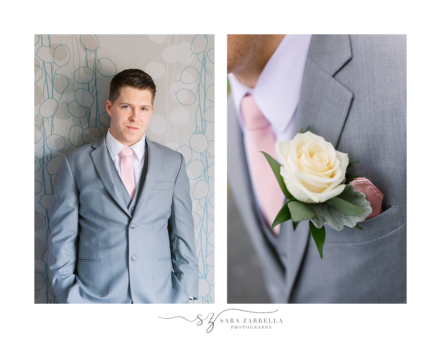 groom in grey suit with white floral boutonnière prepares for Rhode Island wedding 
