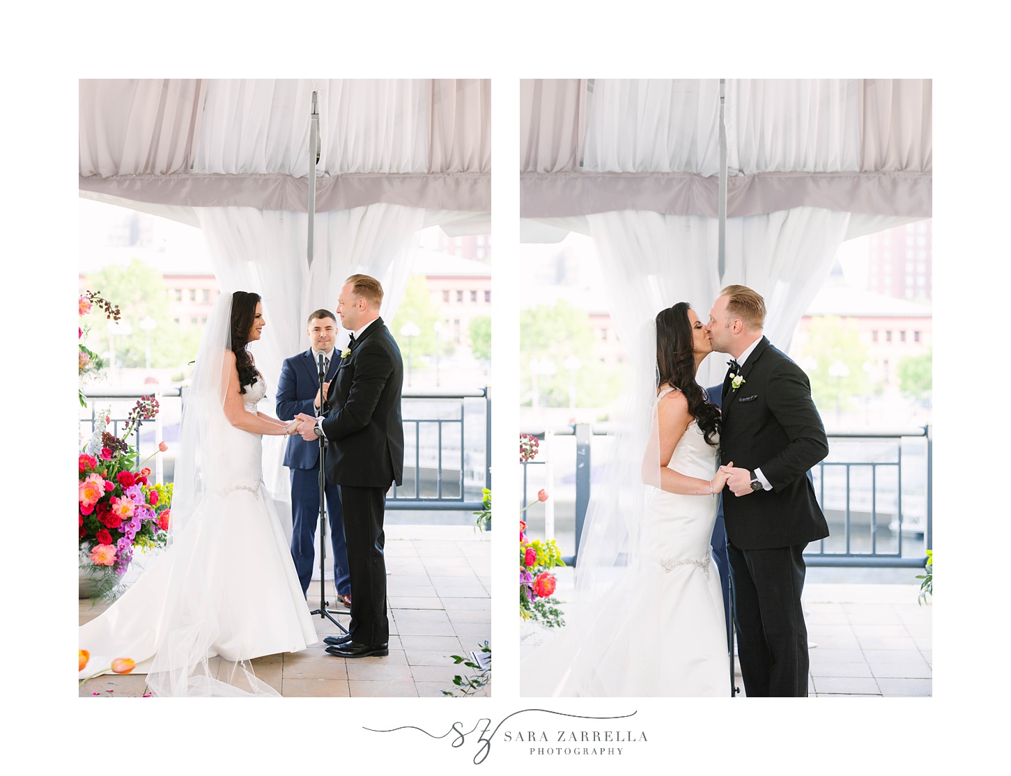 bride and groom kiss during ceremony at Skyline at Waterplace