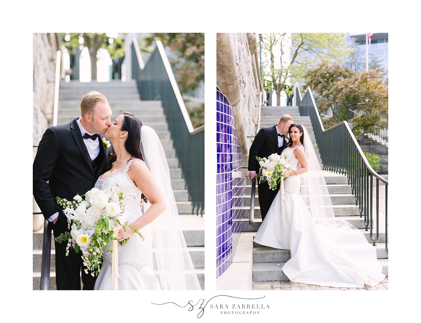 newlyweds kiss on steps outside Skyline at Waterplace