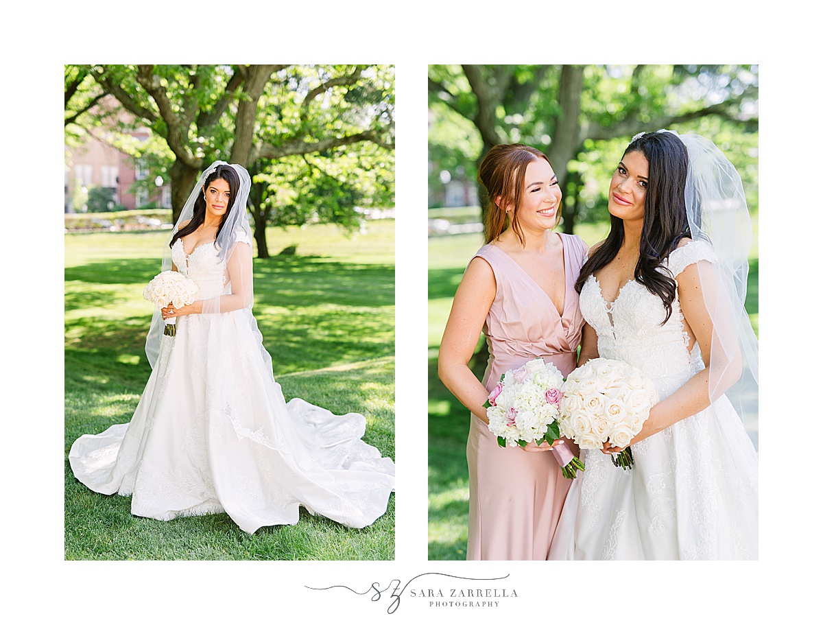 bride poses with bridesmaid in pink dress