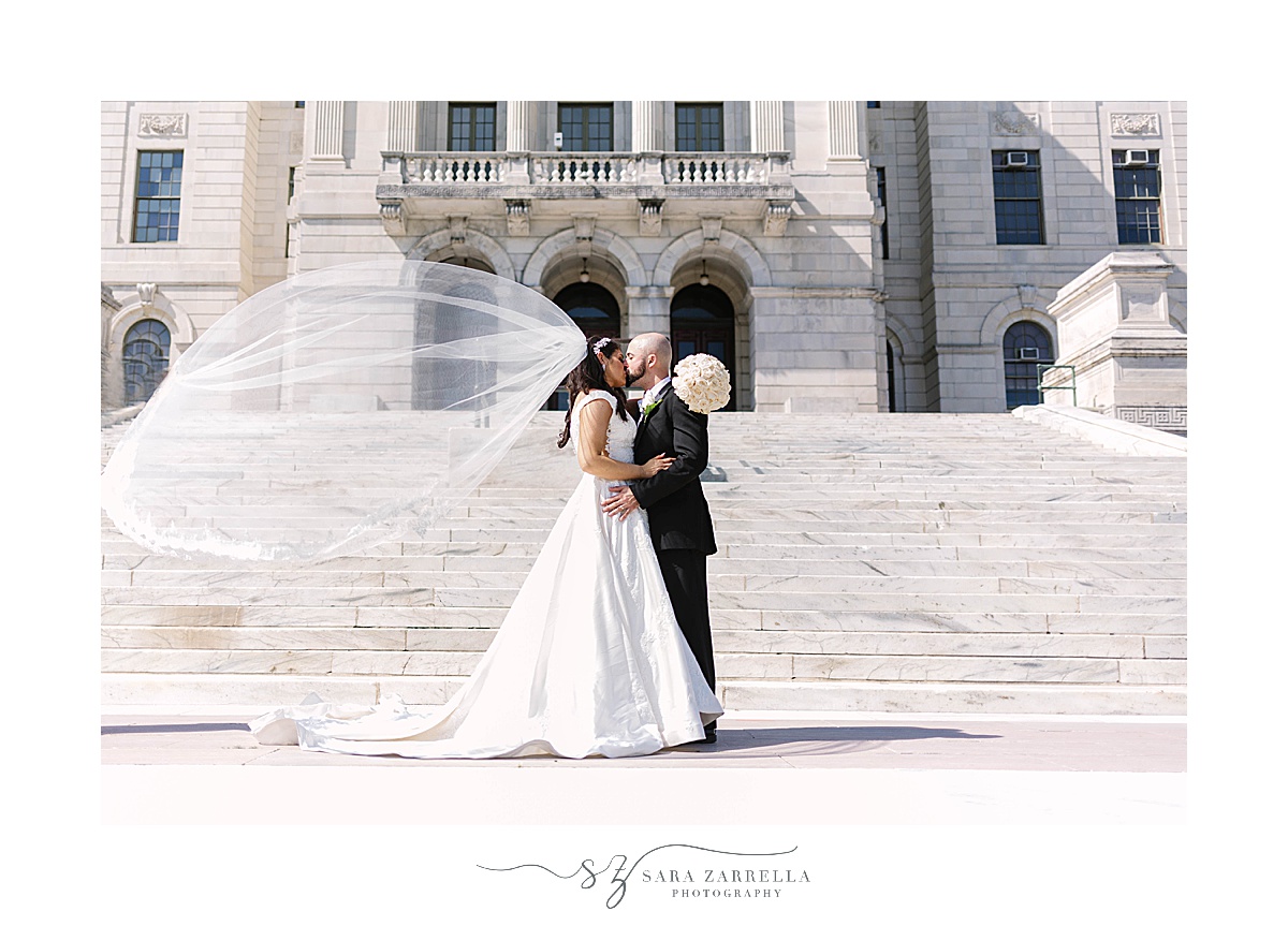 newlyweds kiss on steps of State House in Rhode Island