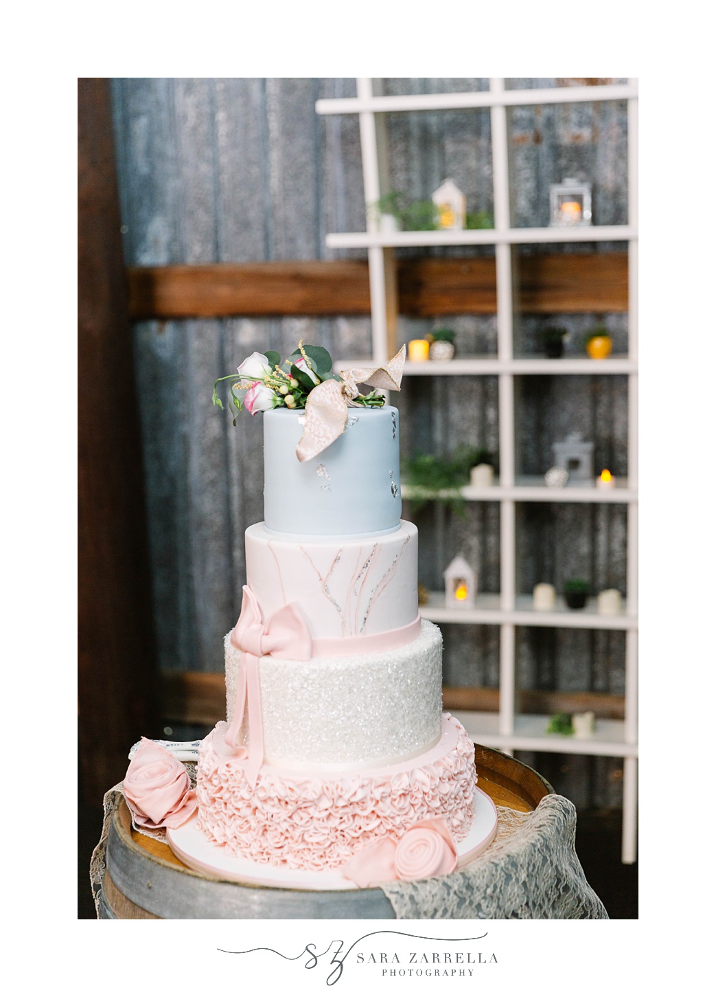 tiered wedding cake at MA wedding reception