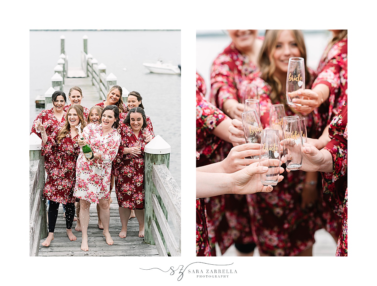 bride and bridesmaids pop champagne on dock at Glen Manor House