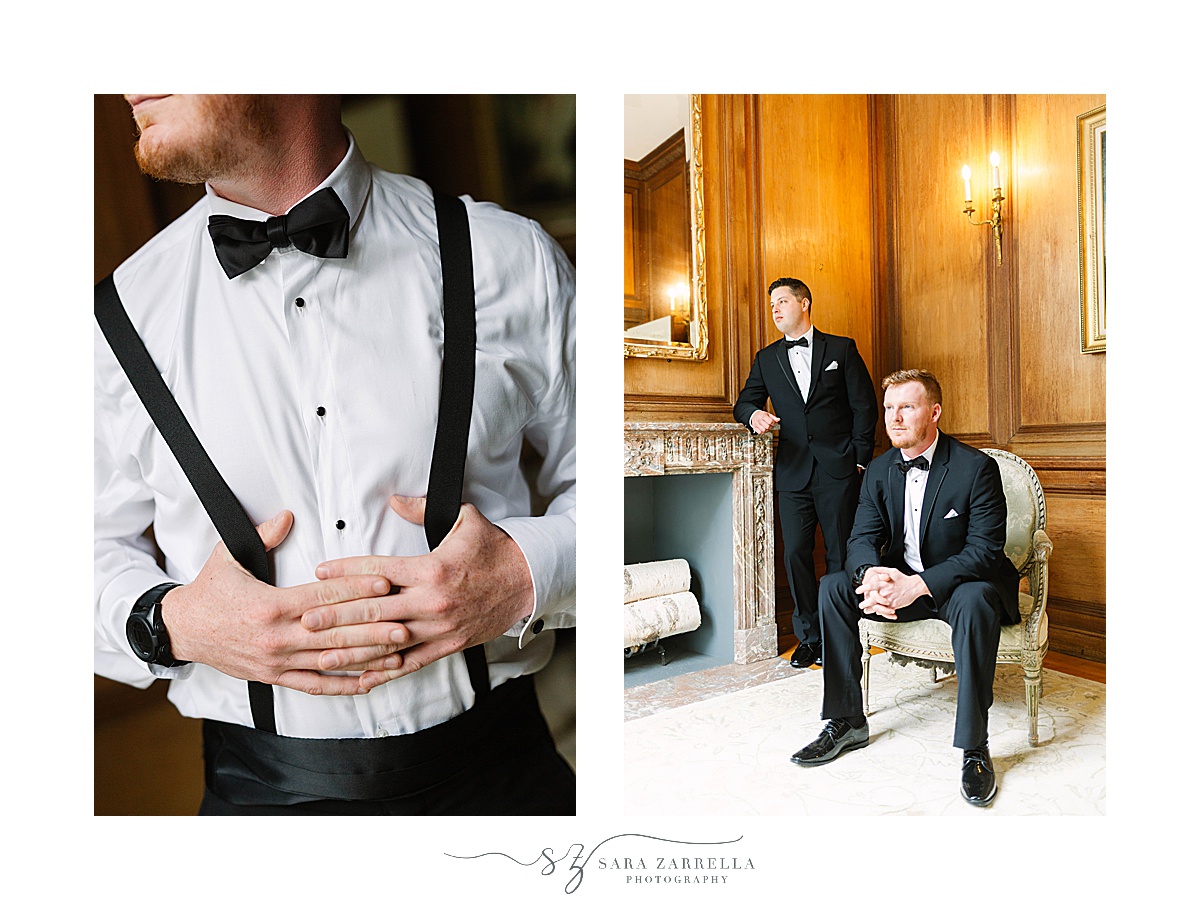 groom poses with groomsman at Glen Manor House