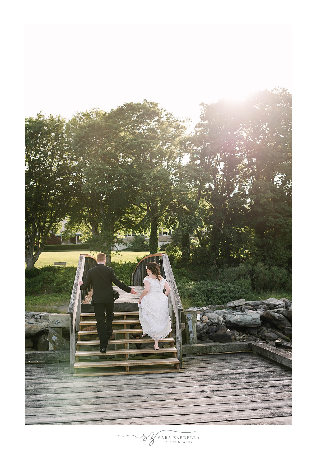 bride and groom walk up steps at Glen Manor House