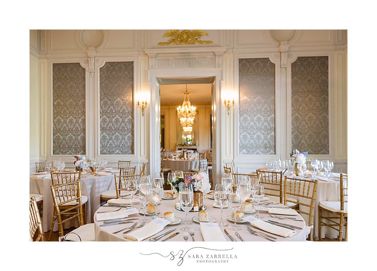 Glen Manor House wedding reception details with gold chivari chairs