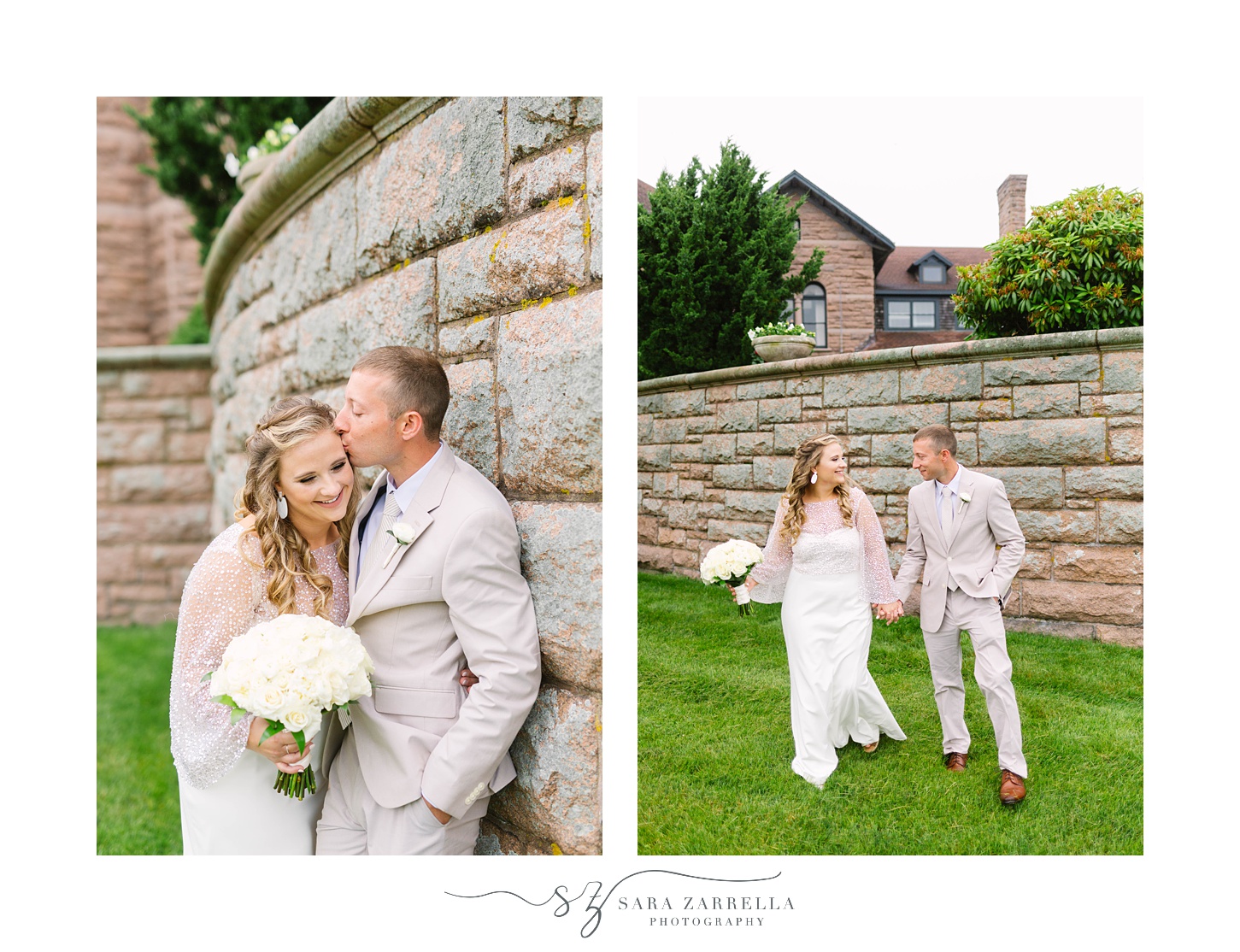 groom kisses bride on cheek along stone wall at OceanCliff Hotel