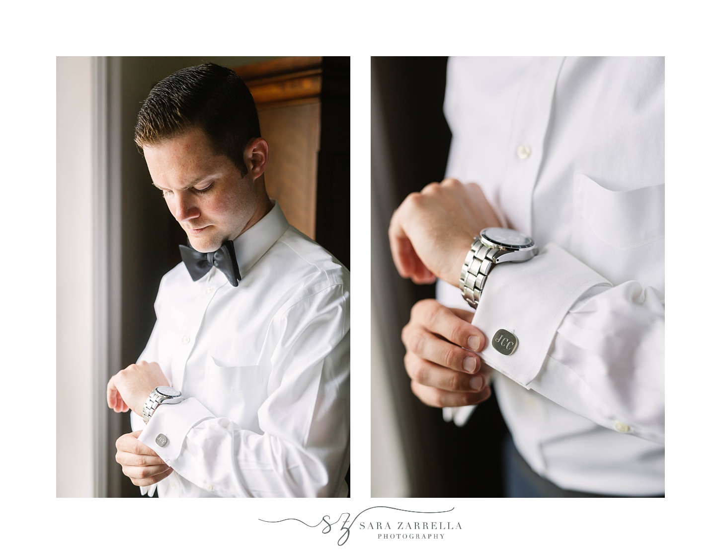groom adjusts cufflinks for OceanCliff Hotel Vow Renewal
