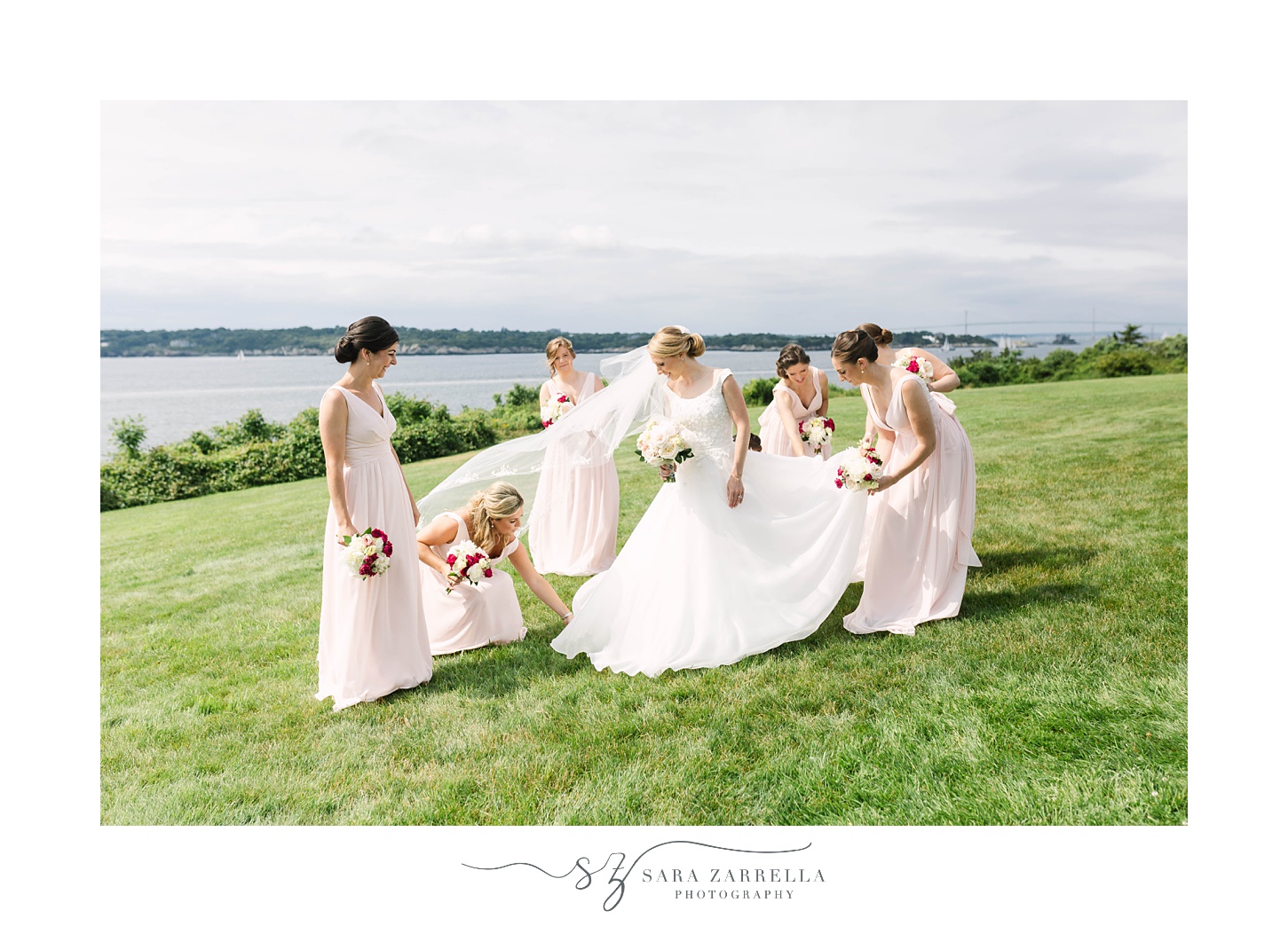 bridesmaids help bride prepare for vow renewal at OceanCliff Hotel
