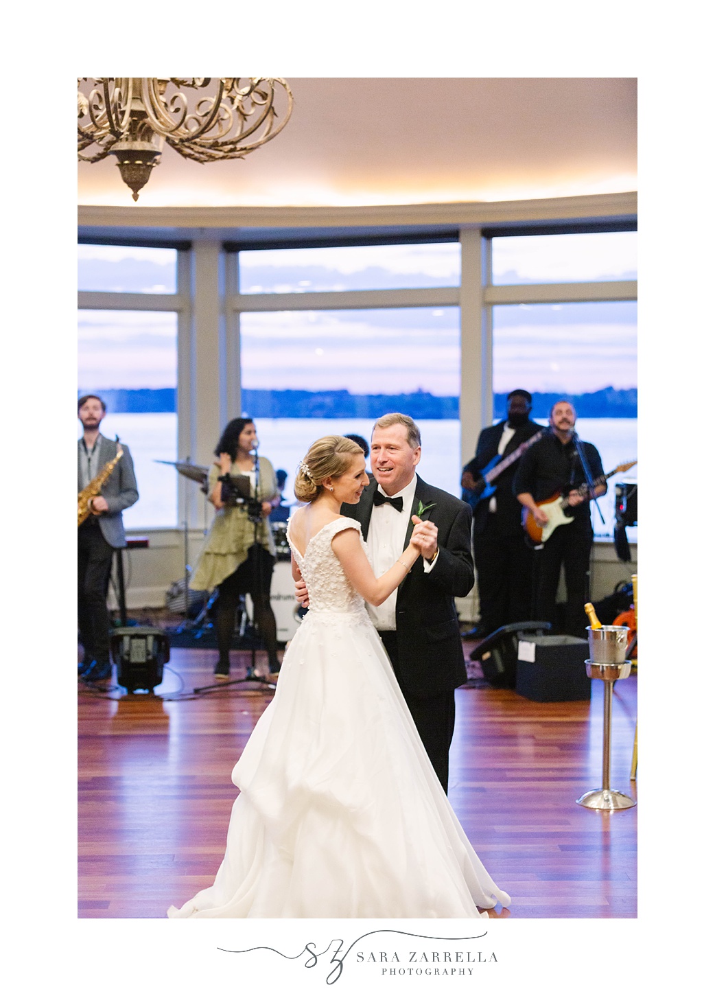bride and dad dance together during Newport RI wedding reception