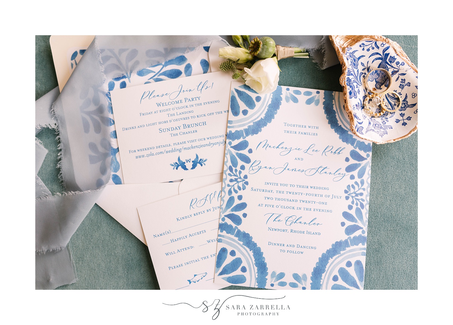 ocean inspired wedding invitation for The Chanler at Cliff Walk wedding