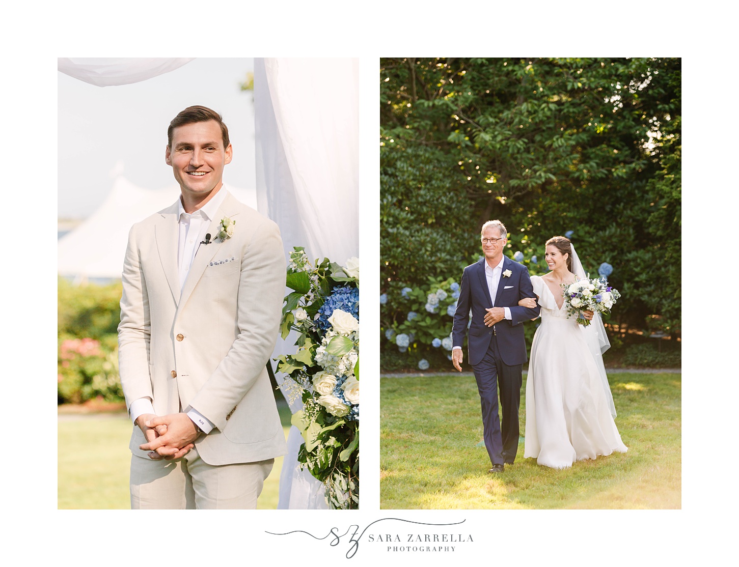groom watches bride walk down aisle at The Chanler at Cliff Walk