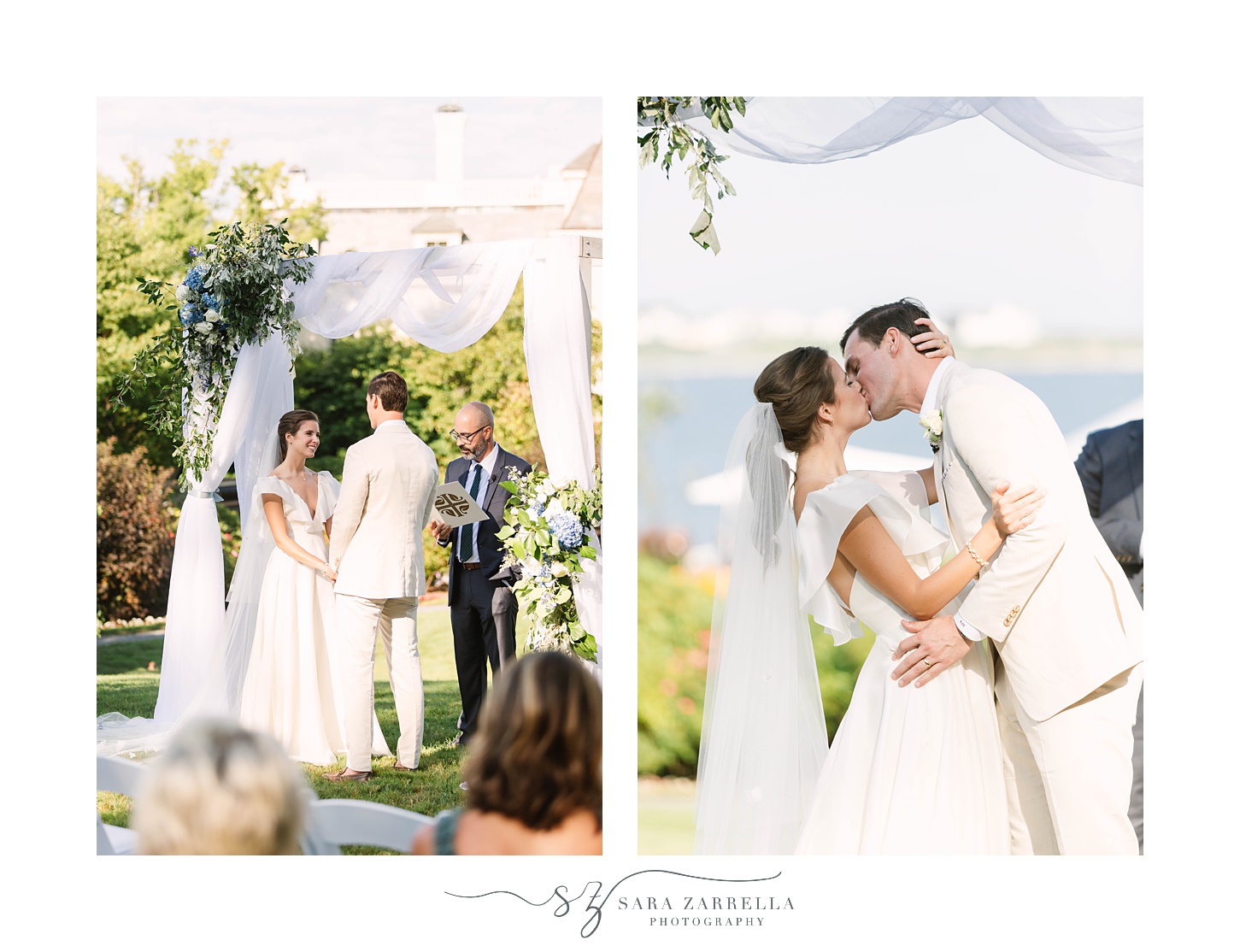 newlyweds kiss during outdoor wedding ceremony overlooking the water 