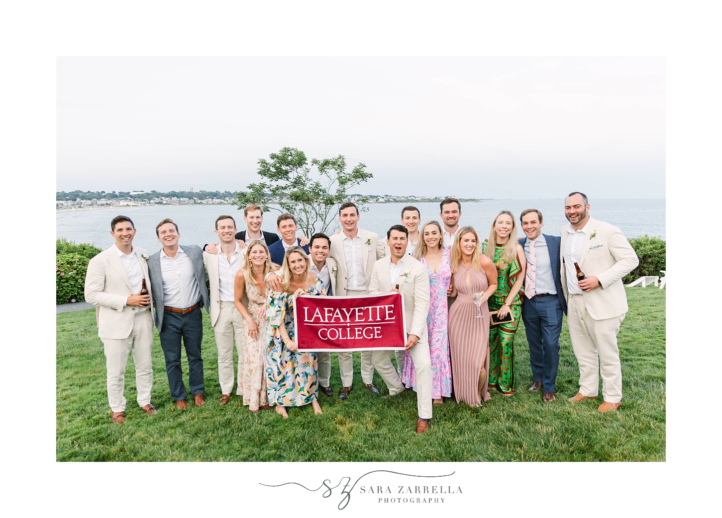 bride and groom pose with Lafayette College alumni