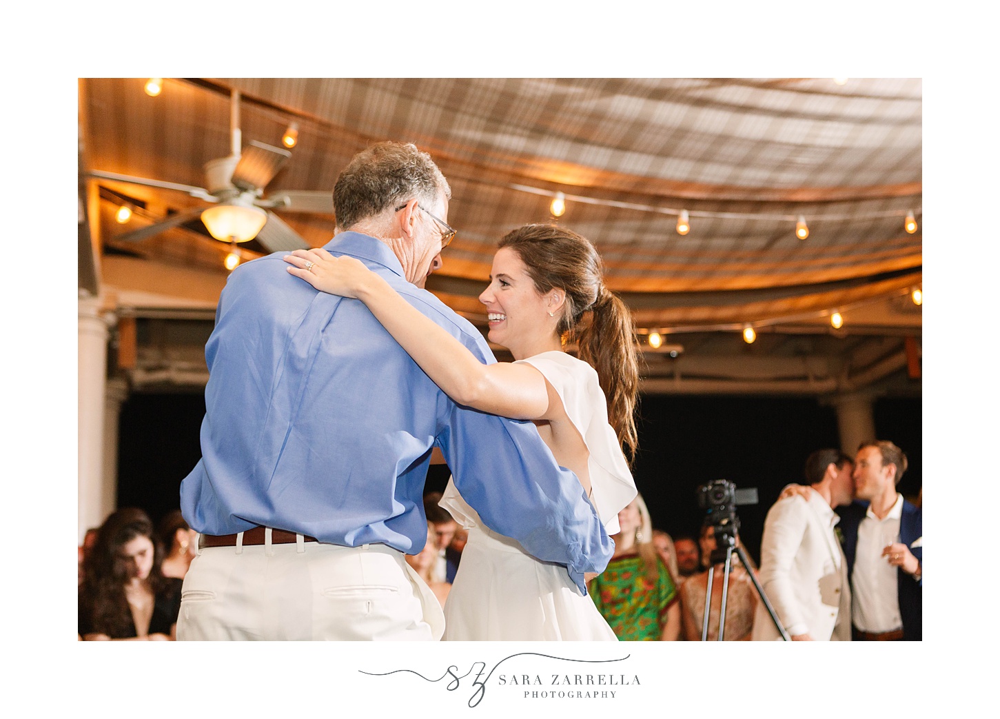 bride and dad dance together during Newport RI wedding reception