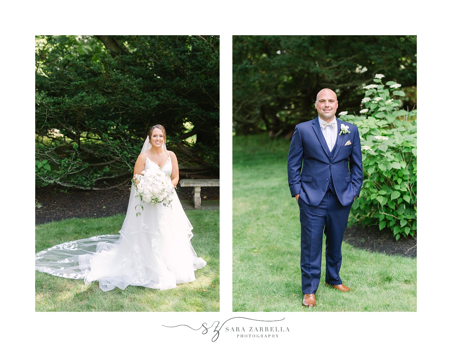portraits of bride and groom at Castle Hill Inn