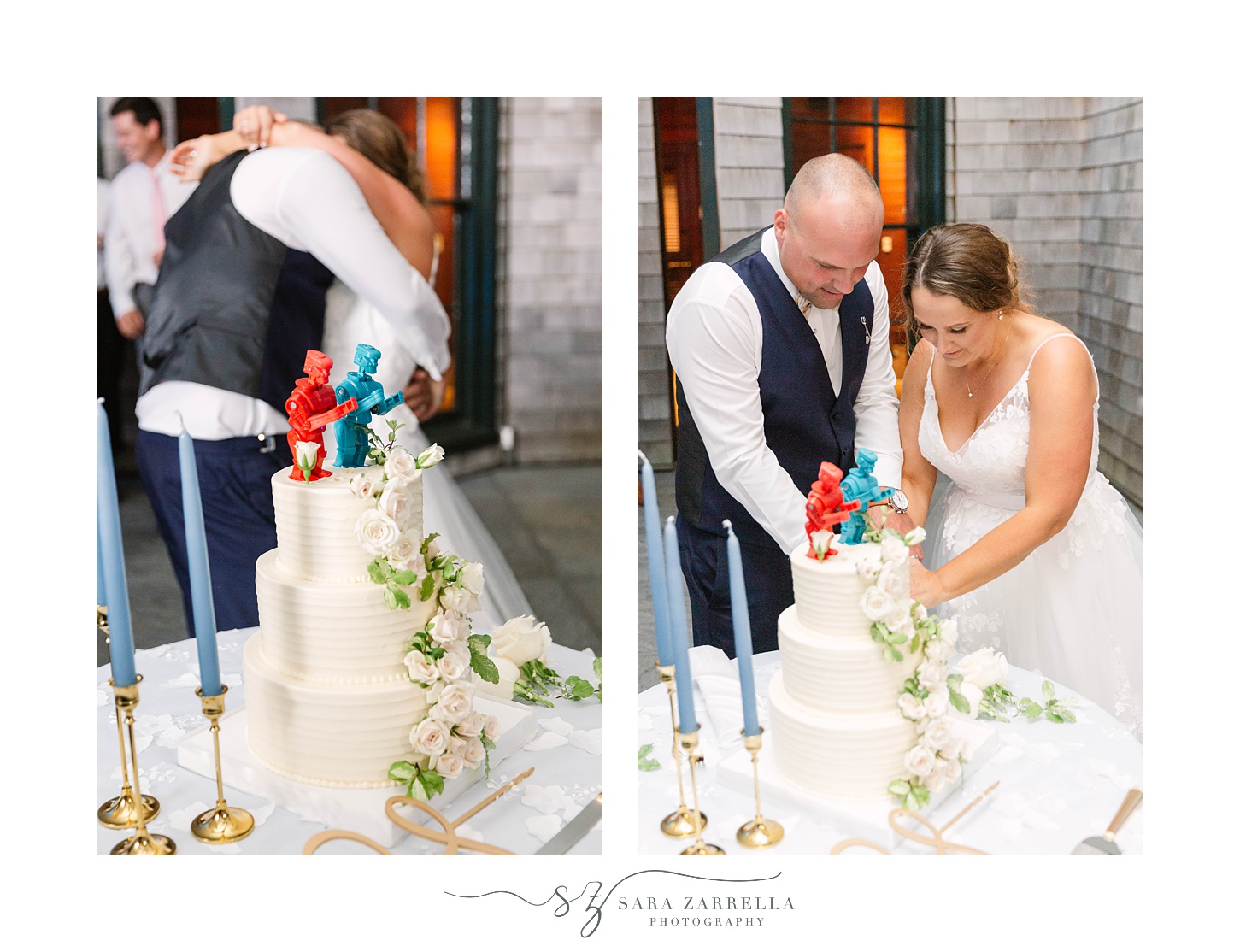 couple cuts wedding cake with rock em sock em on top 