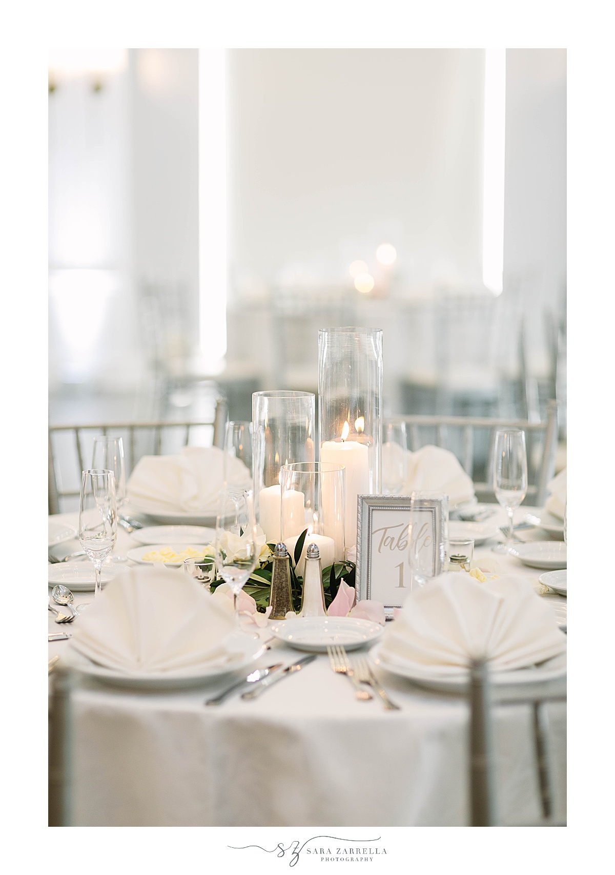 place settings with ivory linens for Newport RI reception 