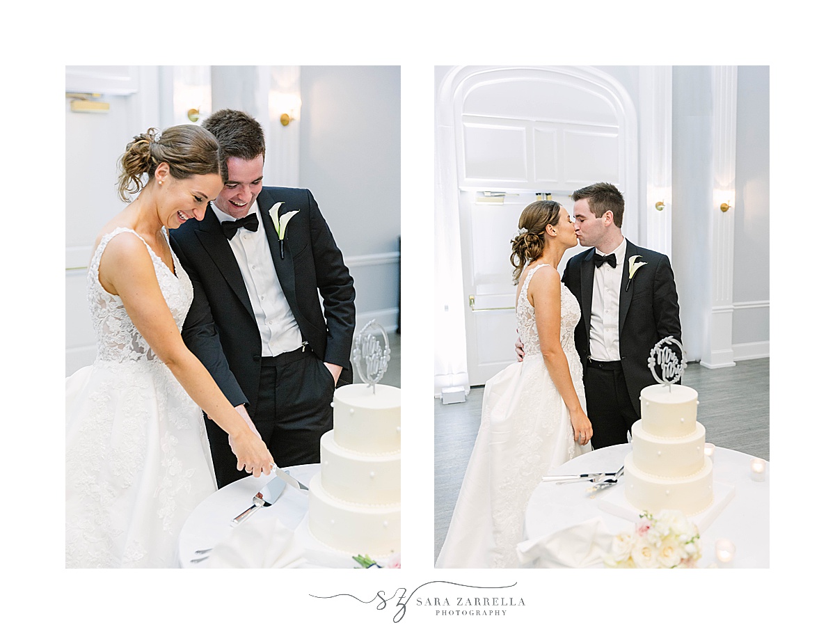couple cuts wedding cake at Gurney’s Newport Resort