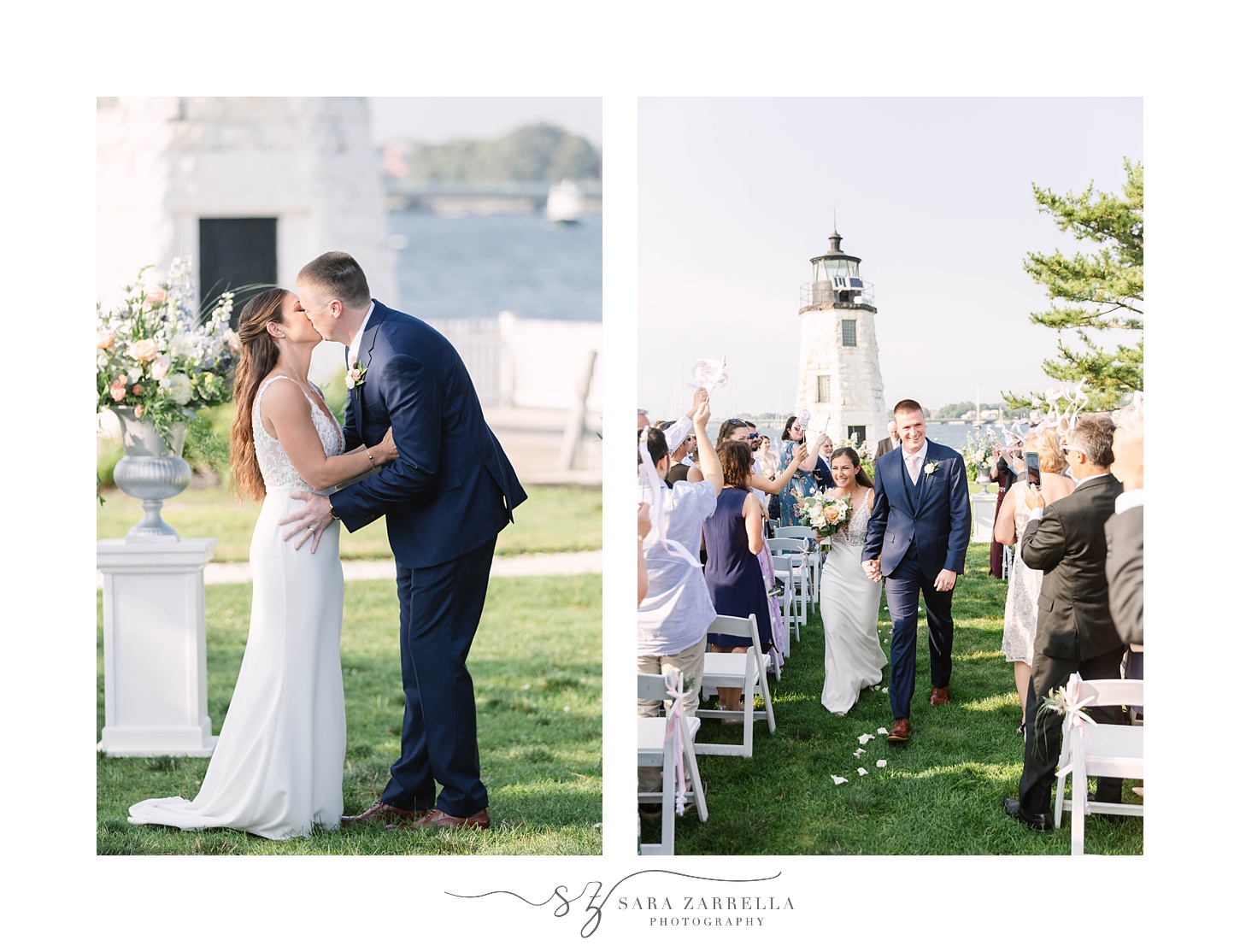 newlyweds kiss after ceremony by lighthouse 