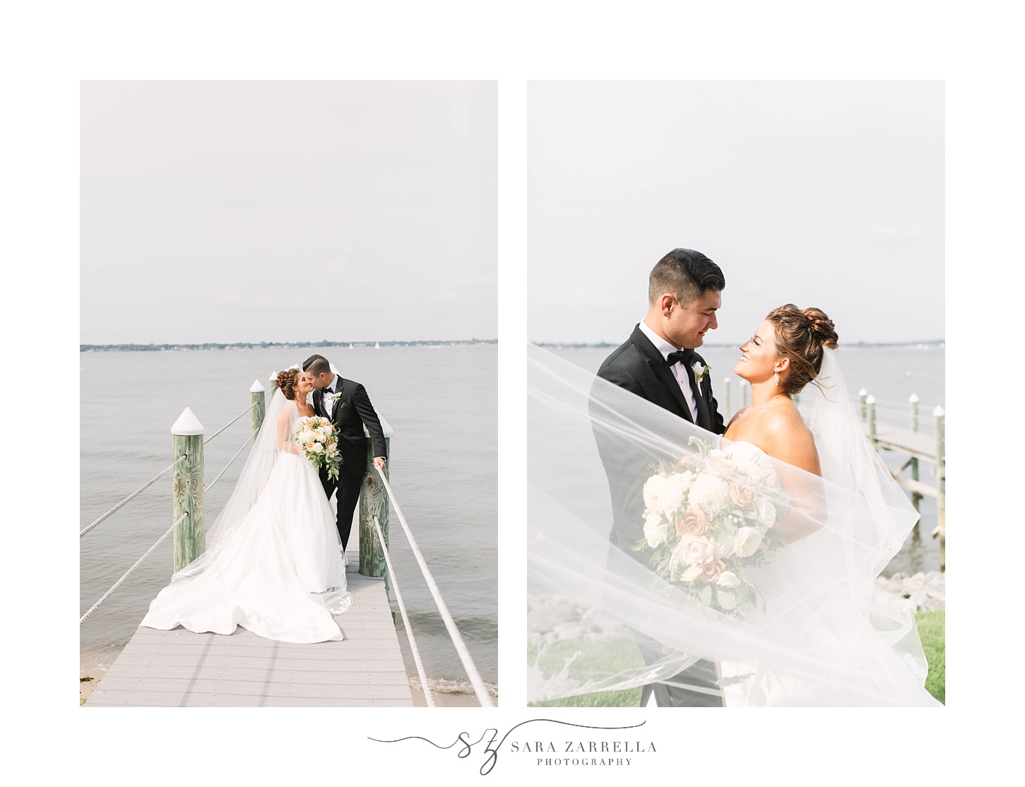 newlyweds pose on dock at Lakeview Pavilion