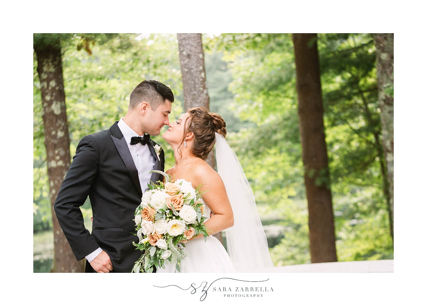 bride and groom touch noses during Lakeview Pavilion wedding portraits 