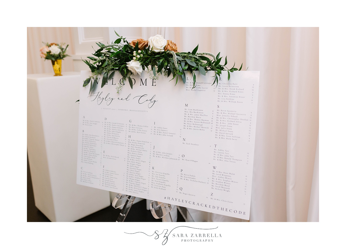 seating chart with florals on top at Foxboro MA wedding reception