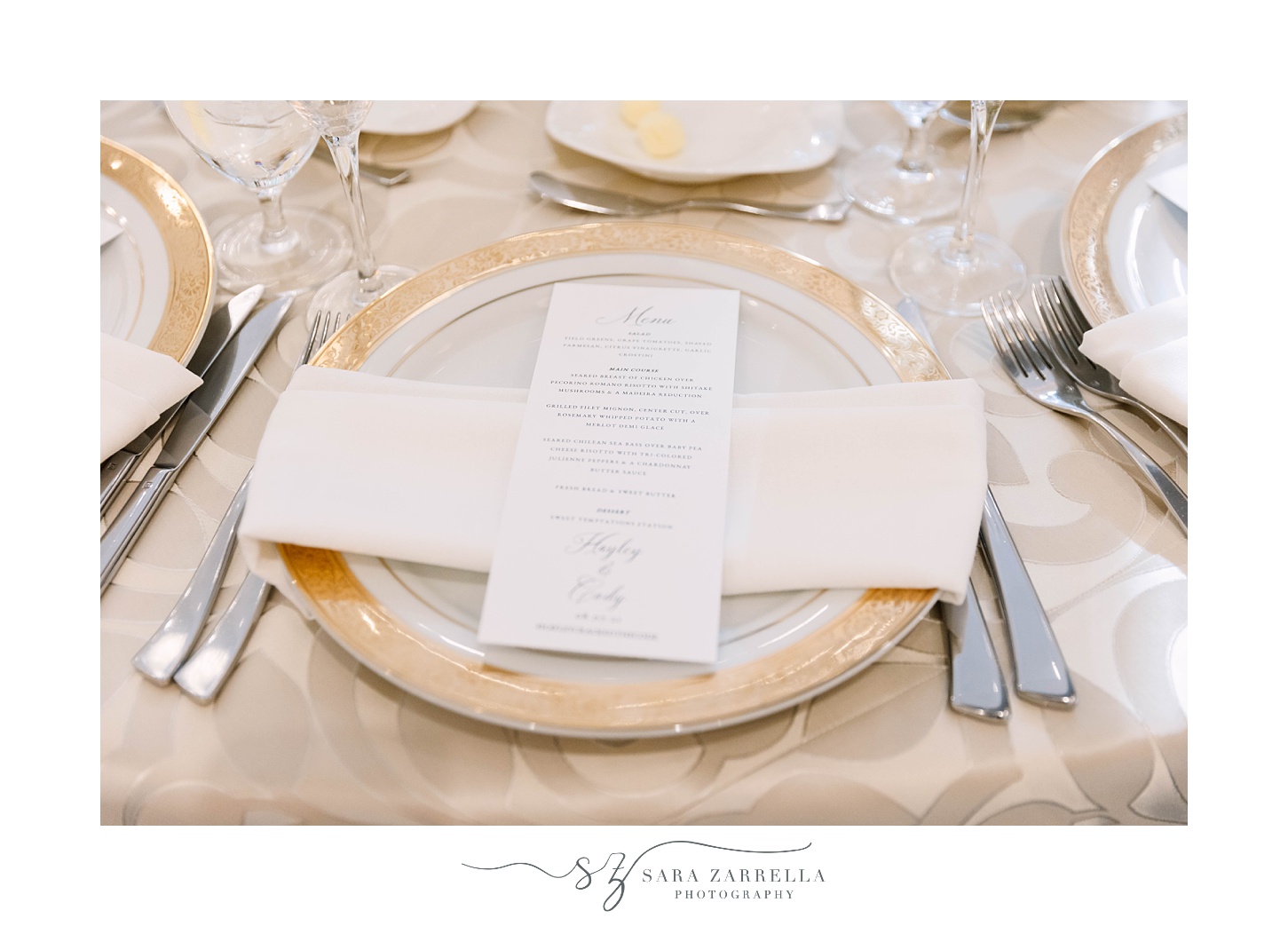 gold and white place settings for Foxboro MA wedding reception