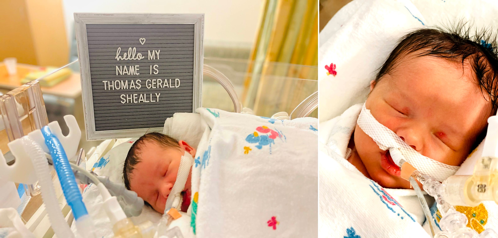 baby lays next to name board during hospital stay
