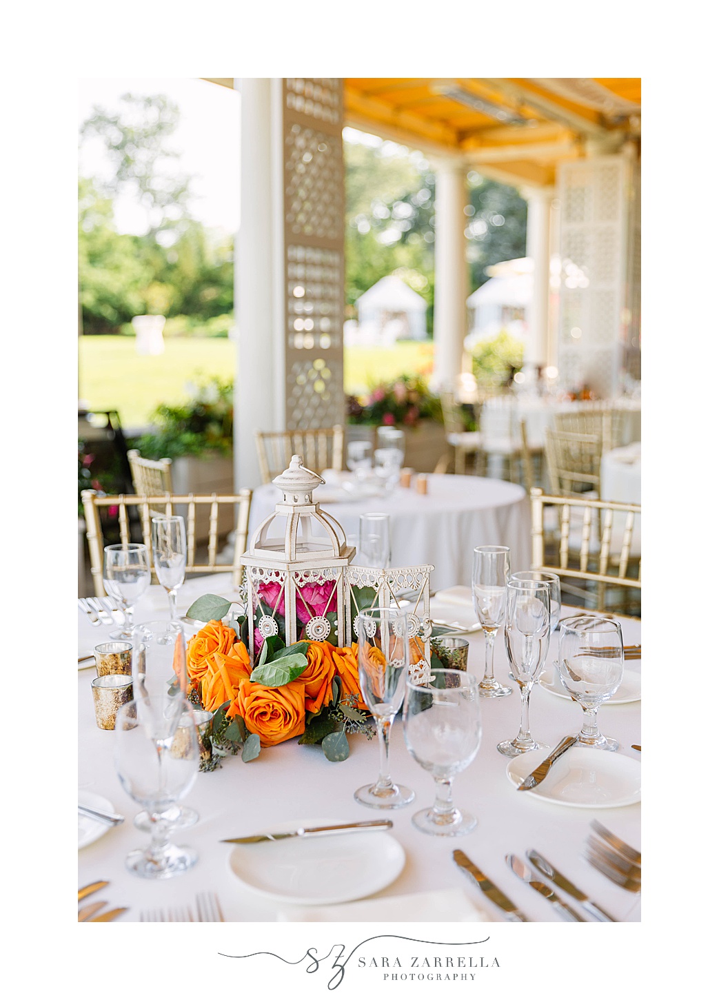 The Chanler at Cliff Walk Vow Renewal wedding reception orange and pink centerpieces 
