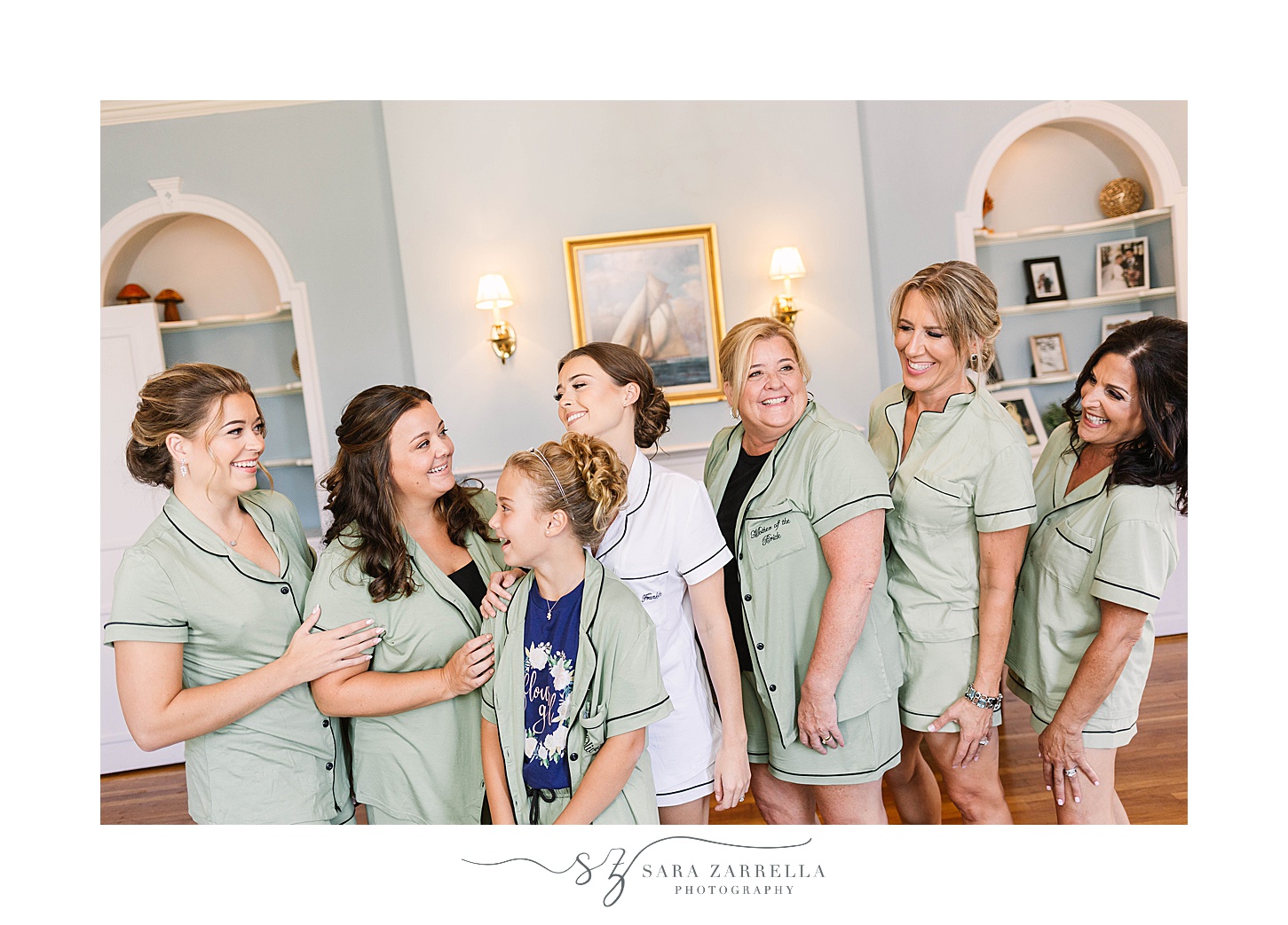 bride laughs with bridesmaids during Warwick Country Club wedding prep