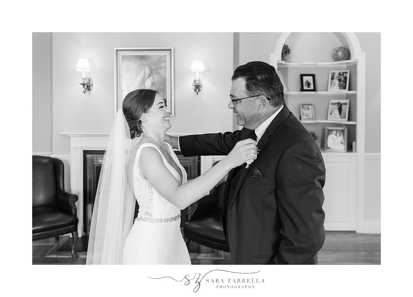 bride laughs with dad before RI wedding day