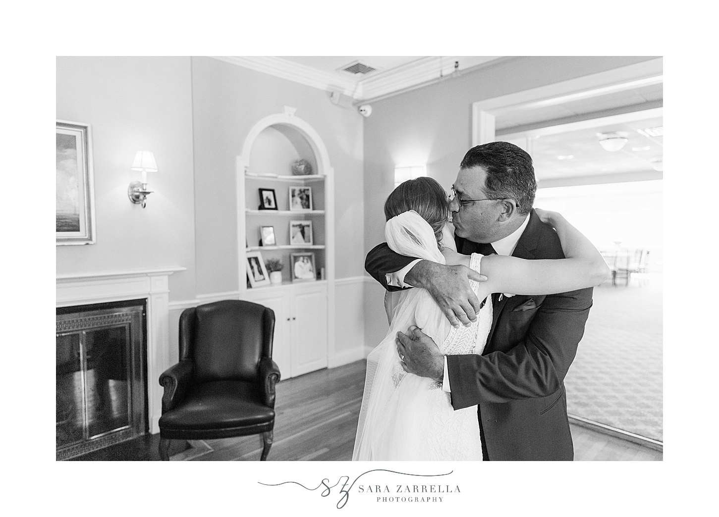 dad hugs bride during first look before Warwick Country Club wedding
