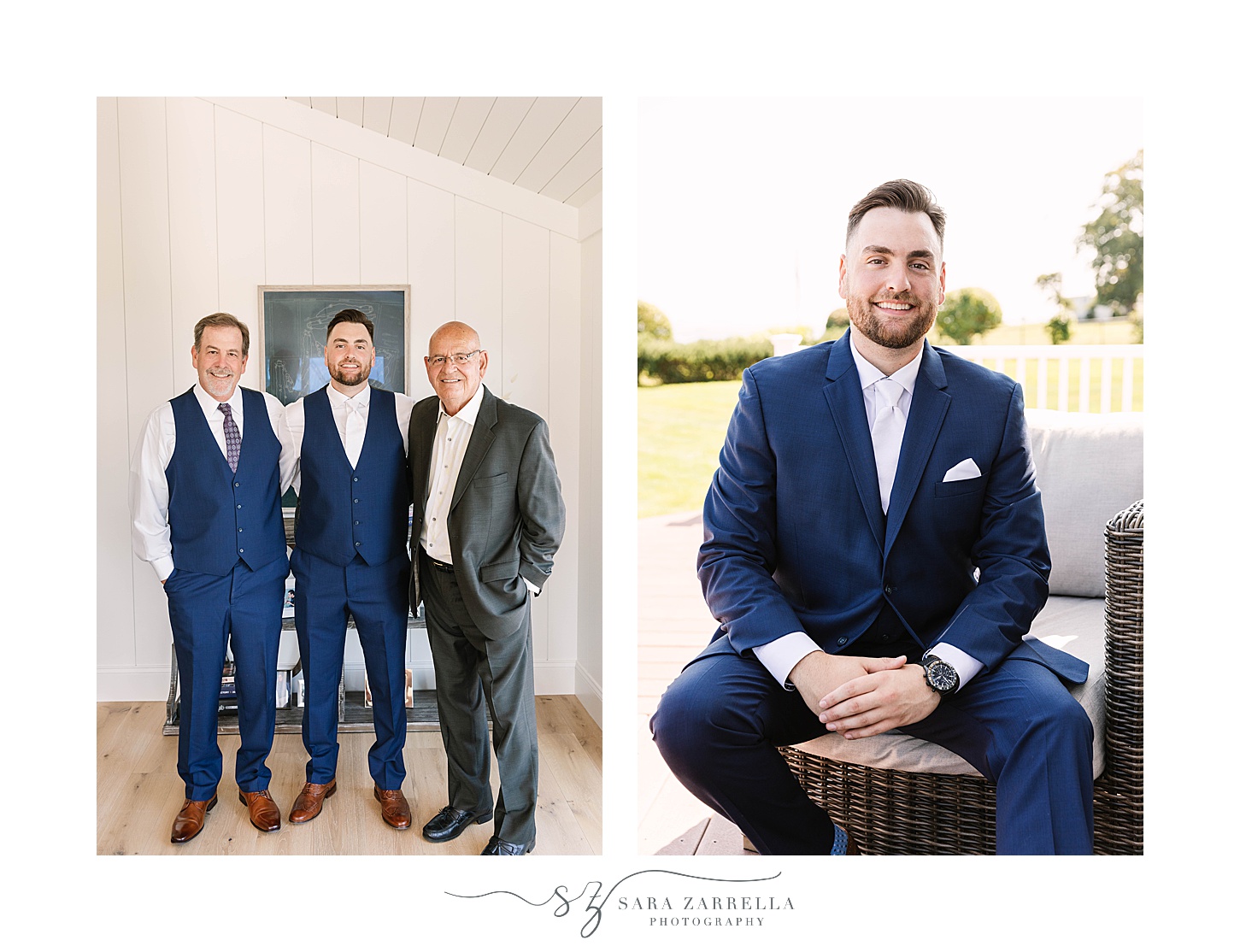 groom poses with dad and grandpa on wedding day