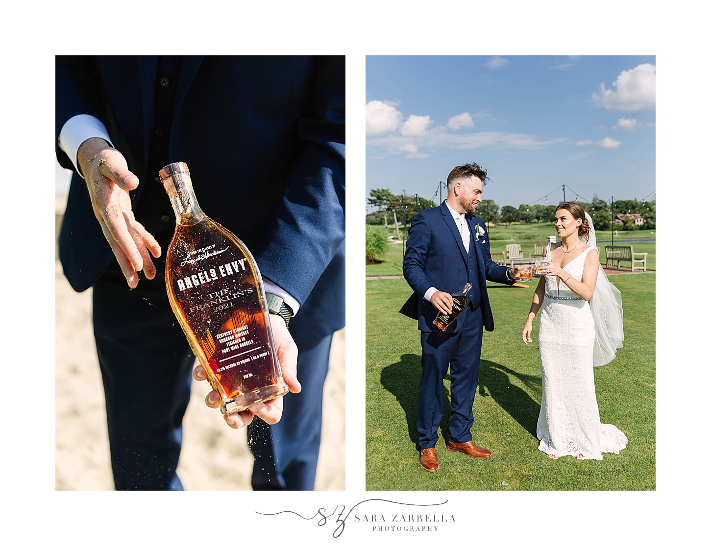 groom shows off bottle of bourbon 