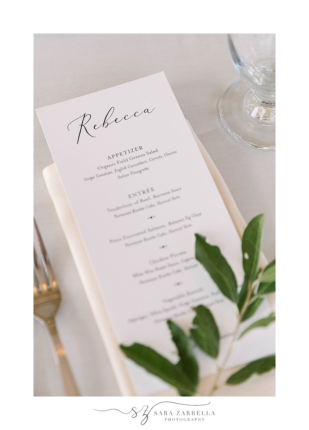 menu card for Warwick RI wedding reception