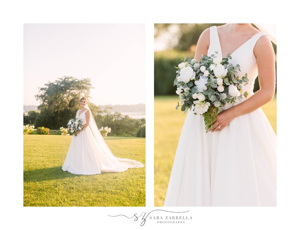 bride holds bouquet of white flowers in Newport RI